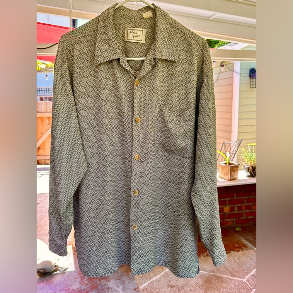 Michael Brandon Vintage Diamond Pattern Lg Shirt Color Tan and Black Made in USA